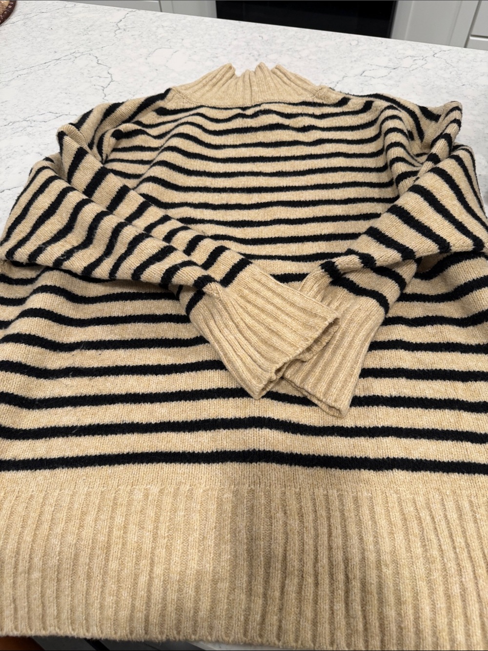 a new day Beige and Black Striped Cowl Sweater